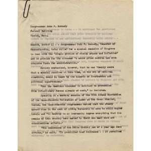 From JFK John Kennedy Senate Files, Hand Typed Speech 