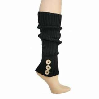    Black Ribbed Knit Stretchy Leg Warmers W/Button Trim: Clothing