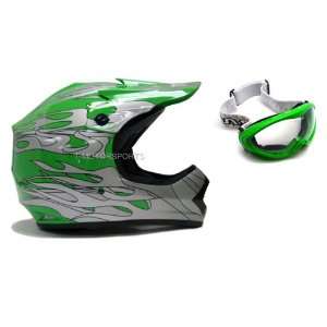 TMS Youth Green Silver Flame Dirt Bike ATV Motocross Helmet with 