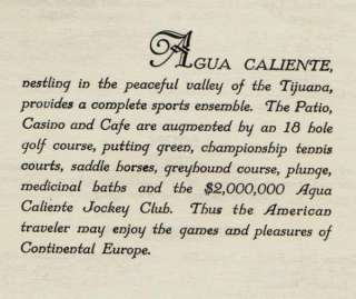   c1940s Menu Agua Caliente Horse Racing Track Tijuana, Mexico  