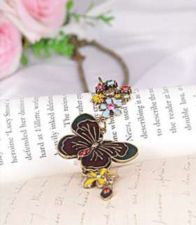Retro Enamel Butterfly Over Colorful Flowers Vintage Necklace Coat 