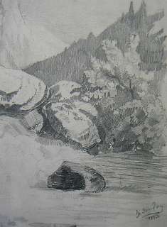 ANTIQUE DRAWING 1842 ROCKS STREAM SIGNED  