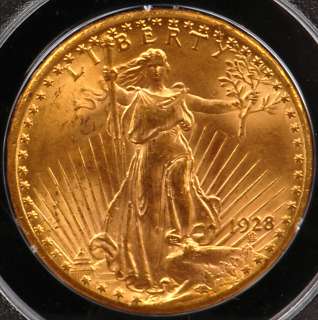 1928 $20 Gold Saint Gaudens Double Eagle PCGS MS61 in Old Rattler 