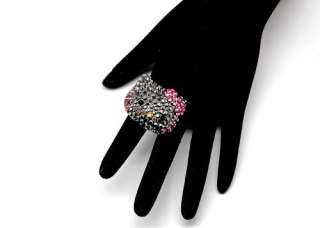 New ! hello kitty black face pink crystal bow tie convex stud earring 