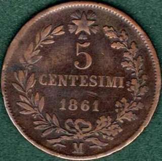 ITALY 5 centesimi 1861 M Coin  