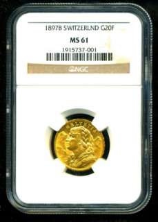 1897 B SWITZERLAND GOLD COIN 20 FRANCS * NGC CERTIF GENUINE GRADED MS 
