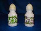 White Porcelain Green Purple Petunias Salt and Pepper Shakers Screw 