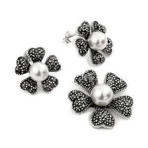    Silver Marcasite Pearl Flower Pendant Earrings Set: Jewelry