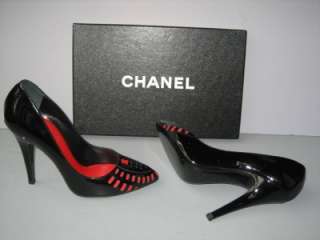 auth chanel black yellow shoes pumps heels new 37 5