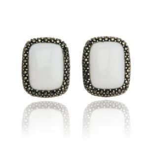   Sterling Silver Marcasite and White Agate Rectangle Earrings: Jewelry