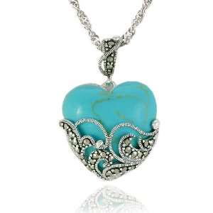   : Sterling Silver Marcasite and Turquoise Heart Pendant, 18 Jewelry