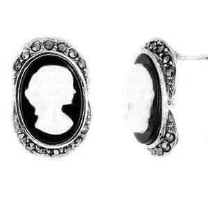   Marcasite Onyx Mother of Pearl Lady Cameo Fashion Earrings (Nickel