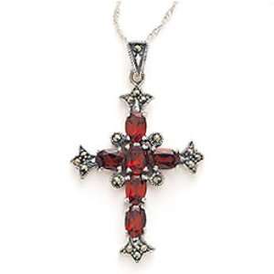    18 Sterling Silver Marcasite And Garnet Cross Necklace: Jewelry