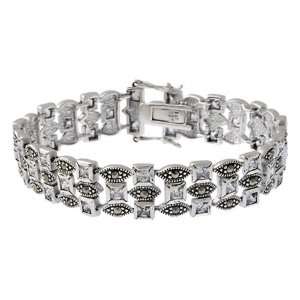  Sterling Silver Marcasite & CZ Three Row Bracelet: Jewelry