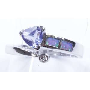   925 Sterling Silver Green Fire Opal & Blue Spar Ring Size 8 Rsb2236