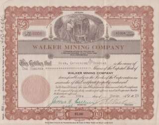 Walker Mining Company Stock Certificate. Dated March 30, 1929, No 