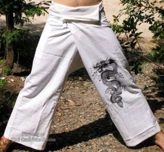 White Dragon Tattoo Thick Cotton Thai Fisherman Pants sz XXL  