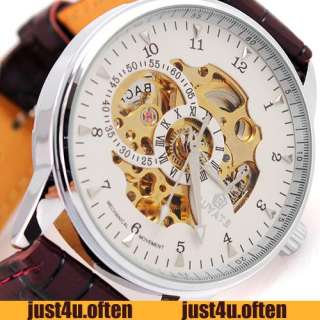   Automatic Mechanical Wristwatch Red Wine Leather Band Golden Hollow