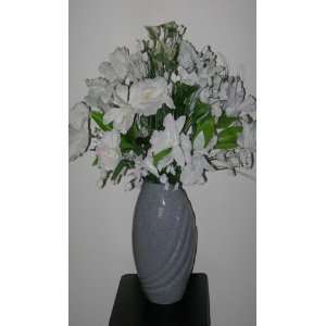  White Iris & Roses Silk Floral Arrangement in Gray Ceramic 