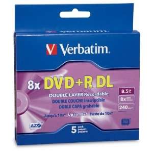  Verbatim DVD+R Media, Dual Layer 8.5 GB, 8x Branded, 5 