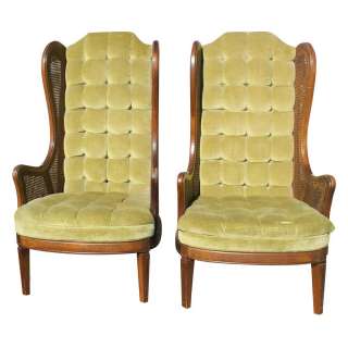 Pair Vintage Lewittes Cane & Velvet Wingback Chairs  