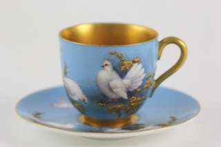   Worcester WILLIAM POWELL Hand Painted Birds Cup Saucer Fantail Doves