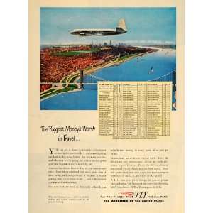  1946 Ad Air Travel Airplane Flying Times Fare Chart NYC 