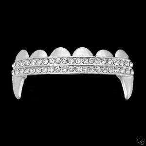 ICED OUT 2 ROW HIP HOP BLING SILVER TOP ROW FANG GRILLZ  