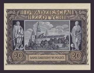 20 ZLOTYCH Banknote of POLAND 1940   WAWEL Castle   AU+  