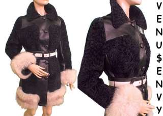 Vtg 70s Persian Lamb Leather Fox Fur Mini Dress Coat S M Princess 