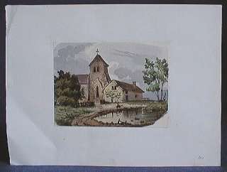 MINIATURE WATERCOLOR PAINTING 1830 SMALL VILLAGE CHURCH  