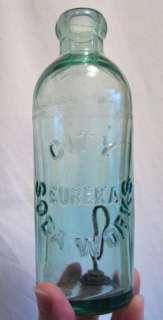   1890s Soda Bottle hutchinson EUREKA CITY SODA WORKS embossed  