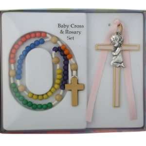  Pink Baby Girl Cross and Rosary Set 