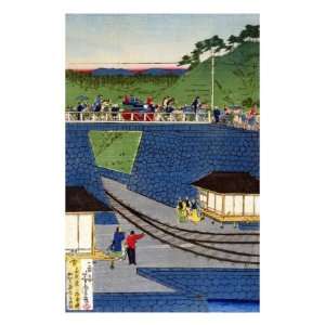  Steam Train at Takanawa Seashore, Japanese Wood Cut Print 
