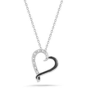 Sterling Silver Black Enamel with Diamonds Heart Pendant (0.03 cttw, I 