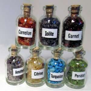 Set of Seven Gemstone Chip Chakra Bottles Made in India. Includes One 