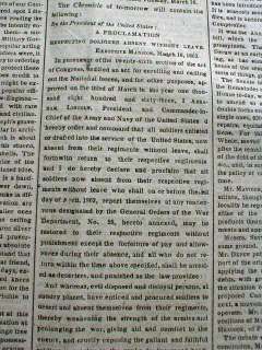   War newspaper w ABRAHAM LINCOLN PROCLAMATION on DESERTERS   NY Times