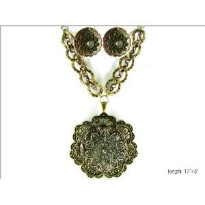  Silver Gold Tone Chain with a filigree Ornament and Earrings: True 