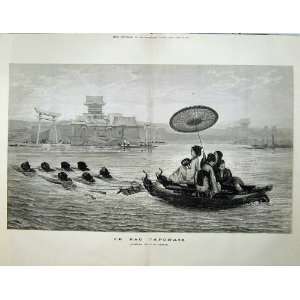  1874 Fine Art Lenoir Japanese Women Children Boat River 