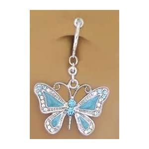   Navel Non Clip on Piercing Aqua Lt blue Butterfly Dangle Ring: Jewelry