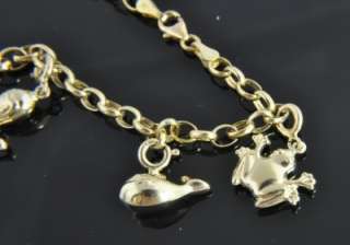   14K Yellow Rose Gold Sea Ocean Animal 3D Charm Chain Link Bracelet