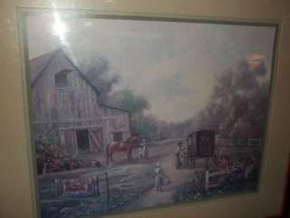 Old Time Farm Family Print Barn Horse Buggy signed Carl Valente  