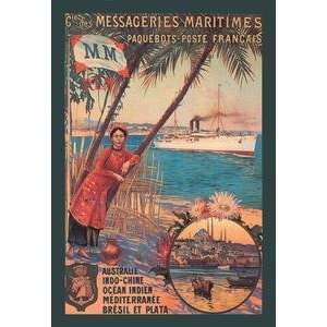  Vintage Art Messageries Maritimes French Cruise Line Ports 