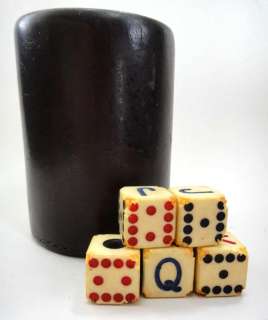 antique GAMEBOARD DICE + LEATHER CUP 5pc ★  