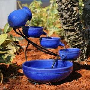  Smart Solar Blue Ceramic Cascade Bird Bath Fountain Patio 