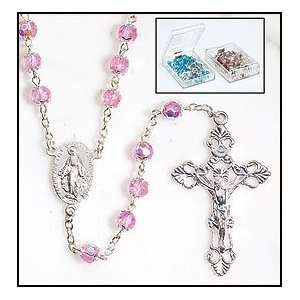  Disc Catholic Pink Double Capped Rosary, Glass 6mm Beads 