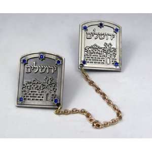 Pewter Tallit Prayer Shawl Clips   Jerusalem Motif Embedded with Blue 