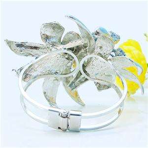 Flower Dual Lily Bracelet Bangle Cuff Swarovski Crystal Enamel Floral 