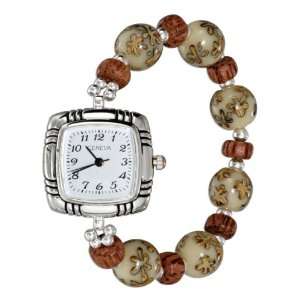   Sterling Silver Green Floral Bead Watch with Square Movement: Jewelry