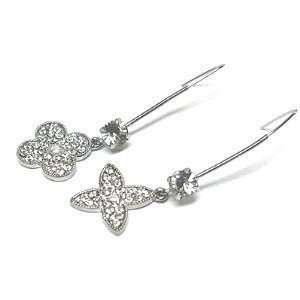  Crystal clover shape 2 drop silver tone earrings: Jewelry